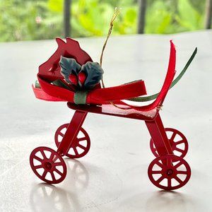 Vintage Rocking Horse Christmas Tree Ornament Red Diecast Metal Holly Taiwan